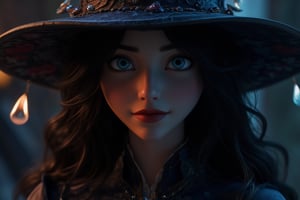 Style: Disney cartoon style, 8k, realistic lighting and shadows, vibrant colors, cinematic background, Pixar-like rendering style.
A mysterious woman, around 40 years old, with a European appearance and a slender, athletic build. She stands at 170 cm tall, with piercing blue eyes that glow with hypnotic intensity. Her long, raven-black hair is partially covered by a luxurious, embroidered shawl, and a wide-brimmed, witch-like hat adorned with jewels rests atop her head. Her skin is pale with cool undertones, high cheekbones, and full, rosy lips, often curled into a faint, subtle smile that hints

Her entire body is covered by a flowing black dress made of shimmering fabric, with long sleeves and elegant draping. She exudes an air of calm and pride, with an undercurrent of mystery and seduction, enhanced by soft lighting that focuses on her eyes while the rest of the scene fades into shadow.