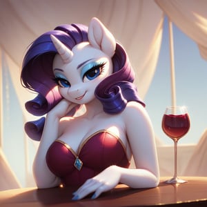 score_9, score_8_up, score_8, Rarity \(mlp\), unicorn pony anthro, gazing at viewer, wearing ball gown, close up, posing with wine glass, low light, at the table at the gala