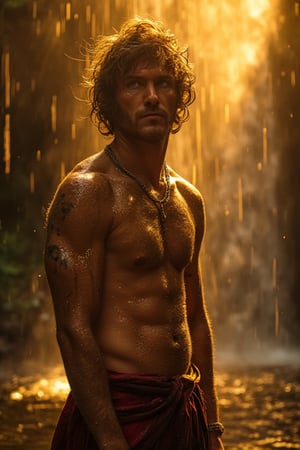 Warrior Javier Milei emerges from the torrential golden rain, his abdomen glistening from the drops. The golden oil paint effect creates an iridescent glow on his skin as he stands in front of a waterfall, his thin t-shirt clinging to his body. High-quality detail and 4K HD resolution reproduce every molecular texture and luminous scale on his mythical being’s body. Volumetric light illuminates the scene, projecting vivid colors that reflect off his breathtakingly beautiful scales, exuding pure perfection and divine presence.