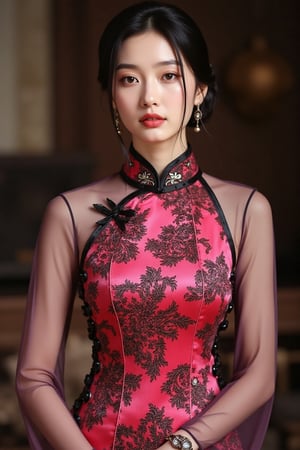 Hand-painted portrait with oil paint mix, stunning digital Hanna in bright liquid red and liquid pink cheongsam and traditional black and white mix, elegantly tailored with high mandarin collar. The fabric is embellished with intricate abstract patterns, woven into a bright pink fabric, featuring long, thin sleeves in contrast to a dense, richly textured body. Intricate embroidery on the neckline and wrists accentuates the elegance. Hanna's hair was styled in a simple long down style, with loose strands framing her serene face. Soft, moody lighting casts soft shadows, enhancing abstract contrast. The background is softly blurred with muted tones, focusing on Hanna's dress and elegant expression.