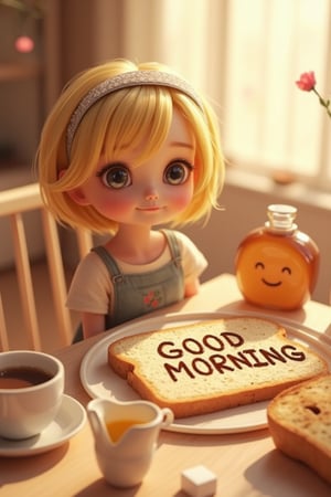 3D anime-style scene of an adorable, doll-like girl with short blonde hair, wearing a lace headband, sitting at a table with a breakfast spread. The table features a piece of bread with GOOD MORNING written in chocolate syrup, next to a loaf of bread with a cute, smiling face. Additional items include a cup of coffee, a jar of jam, honey, and a small cube of sugar. Warm, soft lighting creates a cozy and inviting morning atmosphere, enhancing the playful and charming details of the scene.