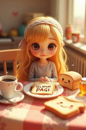 3D anime-style scene of an adorable, doll-like girl with long blonde hair, wearing a lace headband, sitting at a table with a breakfast spread. The table features a piece of bread with SELAMAT PAGI written in chocolate syrup, next to a loaf of bread with a cute, smiling face. Additional items include a cup of coffee, a jar of jam, honey, and a small cube of sugar. Warm, soft lighting creates a cozy and inviting morning atmosphere, enhancing the playful and charming details of the scene.