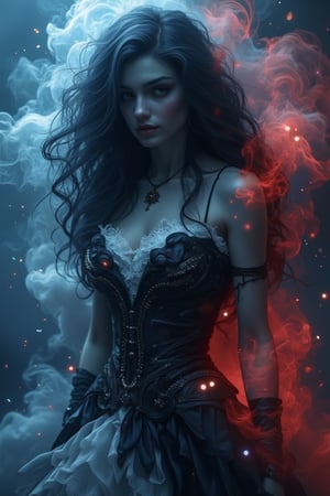 Cinematic hyperrealism, 8K, very detailed and realistic. A stunning woman with long wavy black hair, shrouded in rich blue-red-white smoke. A lively, swirling plume of smoke creates a surreal and dreamy atmosphere. Her dress is a mix of black and white modern elegance gothic style with delicate fabrics and metallic detailing. Luminous particles sparkle in the air, enhancing the visual appeal. Diffused lighting casts a soft glow on her flawless skin. The scenery blends beauty, surrealism, and high-quality detail, perfect for a mesmerizing otherworldly aesthetic.