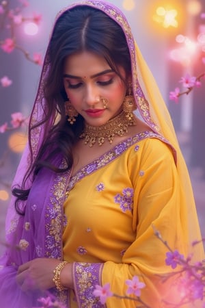 Beautiful Indian woman, wearing soft purple and yellow patiyala salwar suit with sakura flower dupatta, magic, looking down, cool, beautiful color scheme, strong, aura, epic, Indian style background, dark side, crazy detail, best quality of watercolor and a mix of brush strokes, 8K, ultra high resolution, high contrast, low saturation