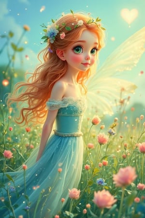 A whimsical scribble style watercolor illustration showing a side view of a beautiful woman standing among a field of blooming flowers. She has big green eyes, long curly and wavy red hair, and a sweet smile that radiates innocence. The scene is set in a magical fantasy world, with soft colors and fine details. Soft sparks and soft light surround it, adding a touch of charm to the atmosphere. The flowers and greenery in the field shimmer subtly, while the figure of a woman in a blue dress is bathed in a warm and luminous light, highlighting the magical and serene atmosphere of the scene.