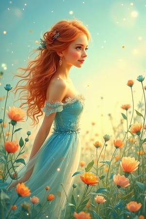 A whimsical scribble style watercolor illustration showing a side view of a beautiful woman standing among a field of blooming flowers. She has big green eyes, long curly and wavy red hair, and a sweet smile that radiates innocence. The scene is set in a magical fantasy world, with soft colors and fine details. Soft sparks and soft light surround it, adding a touch of charm to the atmosphere. The flowers and greenery in the field shimmer subtly, while the figure of a woman in a blue dress is bathed in a warm and luminous light, highlighting the magical and serene atmosphere of the scene.