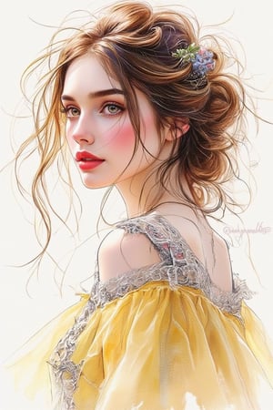 Digital Illustration 1.hanna watercolor sketch, double exposure, sticker, gothic, woman, young, beautiful, realistic, beautiful yellow lace dress, silver filigree, chiffon, tulle, silver thread, beautiful full red lips, eye drawing, tuxedo eyes, eyelashes long curls, watercolor, rose red, photorealism, bohemian, delicate image, line drawing, hyper detail, aesthetic, 4k, pixel graphics, soft lighting, floral aesthetic, mosaic illustration, bright pastel background