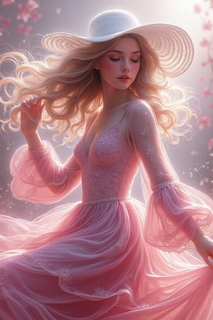 Beautiful blonde woman in a white wide hat, wearing a dark pink filigree dress, set against an alcohol ink splash art background with swirls and flowing elements. Super-realistic, super-detailed 8K digital illustration, 3D with depth of field, intricate and cinematic. The portrait features sharp focus, mysterious filigree elements, and luminous accents, with a perfect composition on a complex, clear, and atmospheric background. Very delicate and amazing real work.