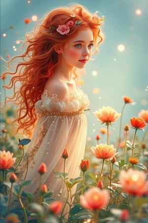 A whimsical doodle-style watercolor illustration capturing a side view of a beautiful woman standing among a field of blooming flowers. She has big gray eyes, long curly and wavy red hair, and a sweet smile radiating innocence. The scene is set in a magical fantasy world with soft colors, reds, and blues, and fine details. Soft sparks and gentle light surround her, adding charm to the atmosphere. The flowers and greenery shimmer subtly, while the female figure is bathed in warm, glowing light, highlighting the magical and serene setting.