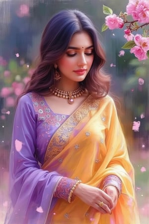 Beautiful Indian woman, wearing soft purple and yellow patiyala salwar suit with sakura flower dupatta, magic, looking down, cool, beautiful color scheme, strong, aura, epic, Indian style background, dark side, crazy detail, best quality of watercolor and a mix of brush strokes, 8K, ultra high resolution, high contrast, low saturation,FineArt 