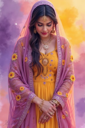 Beautiful Indian woman, wearing soft purple and yellow patiyala salwar suit with sakura flower dupatta, magic, looking down, cool, beautiful color scheme, strong, aura, epic, Indian style background, dark side, crazy detail, best quality of watercolor and a mix of brush strokes, 8K, ultra high resolution, high contrast, low saturation