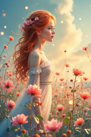 A whimsical doodle-style watercolor illustration capturing a side view of a beautiful woman standing among a field of blooming flowers. She has big gray eyes, long curly and wavy red hair, and a sweet smile radiating innocence. The scene is set in a magical fantasy world with soft colors, reds, and blues, and fine details. Soft sparks and gentle light surround her, adding charm to the atmosphere. The flowers and greenery shimmer subtly, while the female figure is bathed in warm, glowing light, highlighting the magical and serene setting.