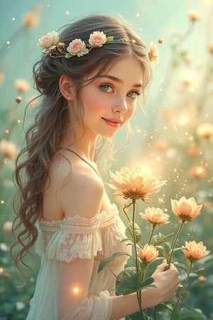 A whimsical scribble style watercolor illustration depicting a side view of a beautiful woman standing among a field of blooming flowers. She has big gray eyes, long curly and wavy brown hair, and a sweet smile radiating innocence. The scene is set in a magical fantasy world with soft colors and fine details. Soft sparks and gentle light surround her, adding charm to the atmosphere. The flowers and greenery shimmer subtly, while the woman is bathed in warm, glowing light, highlighting the magical and serene setting.