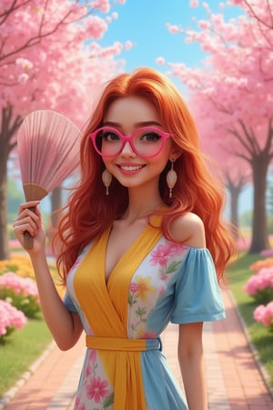 3D anime-style, realistic photo, Animated and realistic picture of a stylish young woman, long wavy straight red black hair, with an abstract patterned dress, yellow, blue, white and pink. This woman is also wearing large pink rimmed glasses and is smiling while holding a hand fan in her hand. The surrounding area is a beautiful park with blooming flowers and walking paths. The overall appearance gives a cheerful impression