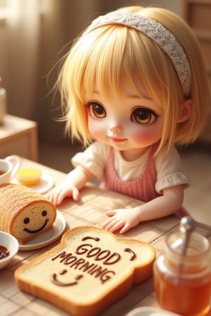 3D anime-style scene of an adorable, doll-like girl with short blonde hair, wearing a lace headband, sitting at a table with a breakfast spread. The table features a piece of bread with GOOD MORNING written in chocolate syrup, next to a loaf of bread with a cute, smiling face. Additional items include a cup of coffee, a jar of jam, honey, and a small cube of sugar. Warm, soft lighting creates a cozy and inviting morning atmosphere, enhancing the playful and charming details of the scene.