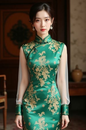 Hand-painted portrait of Hanna in an elegant, traditional cheongsam, digitally enhanced with oil paint mix. She wears a stunning bright emerald and liquid yellow cheongsam with a white mix, featuring a high mandarin collar and intricate floral pattern. The fabric is richly textured, with thin long sleeves contrasting the dense body. Intricate embroidery adorns the neckline and wrists. Hanna's hair is styled in a simple pixie updo, framing her serene face. Soft, moody lighting casts gentle shadows, enhancing the emerald's contrast. The background is softly blurred with a muted tone, focusing on Hanna's elegant dress and expression.