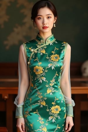 Hand-painted portrait of Hanna in an elegant, traditional cheongsam, digitally enhanced with oil paint mix. She wears a stunning bright emerald and liquid yellow cheongsam with a white mix, featuring a high mandarin collar and intricate floral pattern. The fabric is richly textured, with thin long sleeves contrasting the dense body. Intricate embroidery adorns the neckline and wrists. Hanna's hair is styled in a simple pixie updo, framing her serene face. Soft, moody lighting casts gentle shadows, enhancing the emerald's contrast. The background is softly blurred with a muted tone, focusing on Hanna's elegant dress and expression.