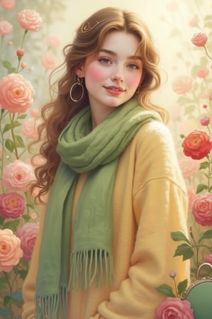 A highly detailed soft pastel portrait of a young woman wearing a light green scarf and a comfortable soft yellow sweater. She has a soft smile, and her makeup is subtle, with a reddish white face and soft eye makeup. The background is dreamy and filled with soft, fuzzy flowers in various shades of pink, peach red, green and mauve. The lighting is soft and warm, giving a subtle, almost magical look. The woman carried a round light green handbag, and her scarf had a fringed end that flowed softly. The overall style is delicate, whimsical and elegant, evoking a feeling of peace and beauty.