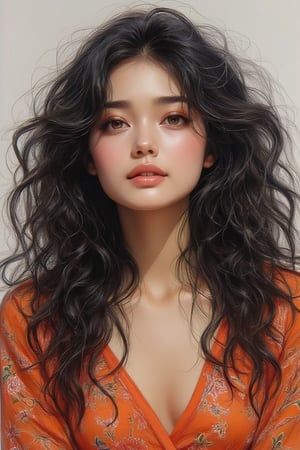 Create an airbrush oil painting of a beautiful fair-skinned Korean woman with big glowing brown eyes, black curly hair, long, wavy and voluminous texture. soft black hair. Glossy makeup on curled lashes, red lids and pink cheekbones. The lipstick is a soft pale orange. She wore an orange patterned dress with a rubber collar