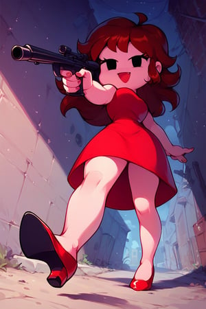 score_9, score_8_up, score_7_up, 1girl, solo, GF FNF, brown hair, black eyes, red dress, high heels, standing, aiming sniper rifle, happy, from below, detailed background, alley, night
