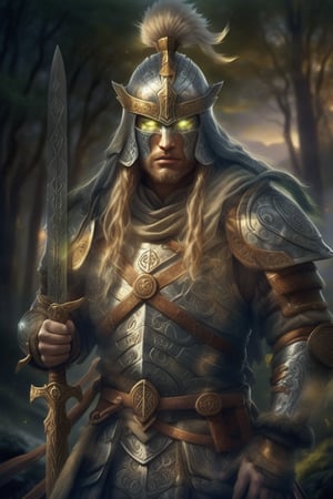 A medieval warrior stands proudly, clad in gleaming silver armor, its intricately crafted plates reflecting the soft golden light of a sunset sky. The warrior's face is stern, with a determined glint in their eye, as they hold aloft a mighty sword, its blade etched with ancient runes. In the background, a lush green forest stretches towards a distant mountain range, shrouded in mist.