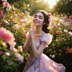 cinematic, masterpiece, ultra detailed textures and colors, ultra realistic, 8k, a beautiful woman in a blooming garden filled with colorful flowers. She wears a flowing, pastel-colored dress with floral patterns and her hair adorned with fresh blooms. The woman is looking at the viewer, use golden hour lighting to create a soft glow, enhancing the vibrant colors of the flowers around her. A macro lens will allow for close-up shots that capture her joyful expression as she interacts with the flowers, embodying a whimsical and enchanting,pjhv