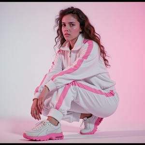 Open wide shot, full body shot, slightly side view, ultra-detailed masterpiece,  cinematic splendor on an 8K lens, a radiant young woman poses for the camera, she is wearing a white and pink 80s sports outfit, white and pink trainers, ultra detailed, ultra realistic, ultra defined textures.