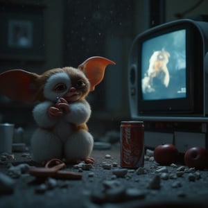 Cinematic, gizmo in a darkened room playing a small flute while looking at the tv, sitting on a can of soda, 8k, ultra realistic