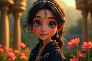 style: Disney cartoon style, 8k, realistic lighting and shadows, vibrant colors, cinematic background, Pixar-like rendering style. 
Main Character: Close-up of the face A 40-year-old European woman from the 1st century AD stands as a figure of striking beauty, her presence mysterious and magnetic. Her piercing blue eyes are as deep and mesmerizing as the night sky, capable of captivating anyone who meets her gaze. Her raven-black hair flows in soft, loose waves down her back, while delicate strands frame her face, further enhancing the allure of her hypnotic beauty, which seems to hold an enchanting power over all who encounter her. She is draped in an opulent black gown, crafted from rich fabric that shimmers softly in the light, evoking a sense of timeless royalty. The gown is designed with long, flowing sleeves and a high, elegant collar that wraps around her neck, ensuring complete coverage. Around her neck and shoulders, a long, ornate black scarf is intricately wrapped. The scarf, crafted from the finest materials, is richly adorned with beautiful, delicate embroidery, further enhancing her aura of sophistication. The scarf falls gracefully down the front of her gown, ensuring every aspect of her appearance is enveloped in beauty and dignity. The bodice of her gown is tailored to perfection, fitting snugly and exuding a sense of refined grace, flowing into a full, layered skirt that touches the ground. Fine gold and silver embroidery, as well as gemstones, embellish the collar, sleeves, and hem, adding a regal opulence without revealing any skin. Every aspect of her attire is designed to maintain her beauty within the bounds of modesty and royal elegance. Her face, illuminated by the soft glow of light, possesses a captivating, almost otherworldly beauty that draws attention effortlessly. Her eyes, framed by her elegant black hair and her ornate black scarf, create a sense of mystery and enchantment, leaving an indelible mark on those fortunate enough to behold her. The luxurious black scarf, rich with artistic detail, further enhances both her beauty and the aura of mystery that surrounds he. 
Background: A garden full of diverse and colorful flowers that surrounds the eyes of every viewer with golden light surrounded by nature, a masterpiece.

Her beauty is spellbinding, with a face that could capture the soul, and an air of quiet majesty. Every aspect of her appearance, from the flowing cloak to her enchanting features, has been meticulously crafted to preserve her complete modesty while magnifying her mesmerizing charm, leaving all who encounter her utterly entranced.
Background: A garden full of diverse and colorful flowers that. surrounds the eyes of every viewer with golden light surrounded by nature, a masterpiece, anime