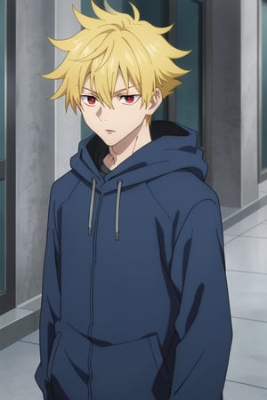 anime_screencap, solo, 1male, yellow hair, red eyes, hair_between_eyes, short hair, blue_hooded_coat, bangs, solo_focus