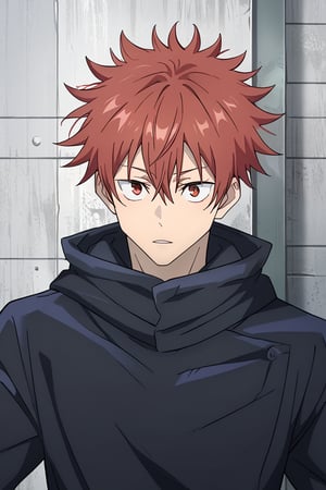 1boy, red hair, red eyes, hair between eyes, Itadori_Yuji, spiked short hair, black hoodie,