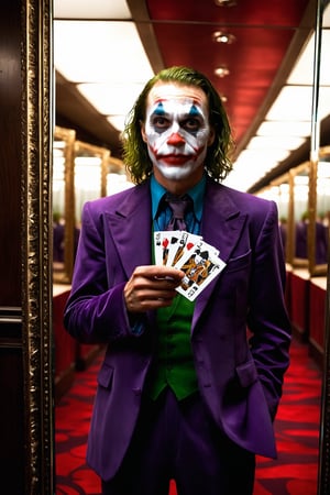 	“Joker and his house of mirrors”: Picture the Joker inside a dimly lit hall of mirrors, his reflection multiplied infinitely around him. Each reflection distorts his maniacal laugh, and in his hand, he holds a cracked mirror with his iconic playing card tucked inside. The shattered reflections and warped glass create an eerie and chaotic composition, blending his grin with the madness of the environment.