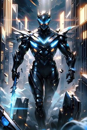 Design a futuristic ninja superhero, standing on top of a glass skyscraper overlooking a neon-lit city at night. The ninja wears a sleek black suit with glowing blue lines running through the armor, equipped with high-tech gauntlets and a mask that covers the lower half of the face, with glowing blue eyes. In one hand, the ninja holds an energy-infused shuriken, ready to throw, while the other hand holds a katana with a glowing blade. The city below is filled with flying vehicles and holographic billboards. The overall style should be cyberpunk, blending traditional ninja elements with futuristic technology.