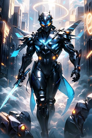 Design a futuristic ninja superhero, standing on top of a glass skyscraper overlooking a neon-lit city at night. The ninja wears a sleek black suit with glowing blue lines running through the armor, equipped with high-tech gauntlets and a mask that covers the lower half of the face, with glowing blue eyes. In one hand, the ninja holds an energy-infused shuriken, ready to throw, while the other hand holds a katana with a glowing blade. The city below is filled with flying vehicles and holographic billboards. The overall style should be cyberpunk, blending traditional ninja elements with futuristic technology.