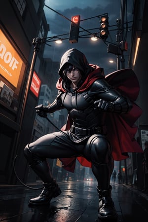 “Create a scene where a mysterious superhero leaps between the rooftops of a dark, rain-soaked city at night. The superhero wears a sleek, tactical suit in black and red, with glowing red eyes under a hooded cape. The city’s skyline is filled with tall buildings and neon signs, while the rain reflects the lights on the wet streets below. The hero is in mid-air, holding a futuristic grappling hook, ready to swing across to the next building. The overall style should be dark and gritty, with an emphasis on action, shadows, and motion.”