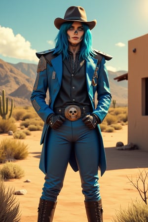 A lone figure stands amidst the arid landscape, standing next to a small adobe casita, bathed in warm desert sunlight. A day of the dead cowboy with vibrant blue hair, glowing blue eyes, and a bold skull tattoo adorns his left cheekbone wears a sleek blue jacket adorned with metal hardware on the shoulders and a black belt around his waist. His gloved hands grasp the edges of his matching pants, which are tucked into combat boots. A fedora hat sits atop his head at an angle, framing his determined gaze as he surveys the cacti-filled terrain ahead.