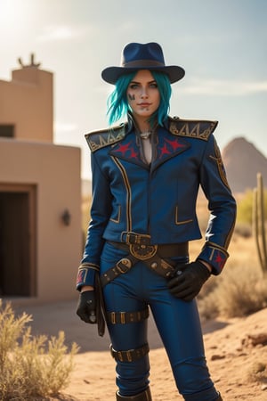 A lone figure stands amidst the arid landscape, standing next to a small adobe casita, bathed in warm desert sunlight. A day of the dead cowboy with vibrant blue hair, glowing blue eyes, and a bold skull tattoo adorns his left cheekbone wears a sleek blue jacket adorned with metal hardware on the shoulders and a black belt around his waist. His gloved hands grasp the edges of his matching pants, which are tucked into combat boots. A fedora hat sits atop his head at an angle, framing his determined gaze as he surveys the cacti-filled terrain ahead.