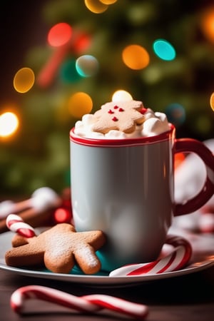 Festive hot cocoa with candy canes and gingerbread cookies, colorful holiday decorations in the background, cozy indoor setting with soft bokeh lights, vibrant red and white tones, warm lighting, focus on the holiday spirit and comfort