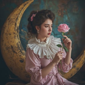 beautiful French girl Pierrot hanging a rose; sitting on a crescent moon, sweet and cinematic expression, dynamic poses, large white ruffle collar, french pierrot makeup and a single black teardrop drawn below the eye, hyperdetailed, mirano fujita style, 4K 64 megapixels 8K resolution HDR, shiny, Epic Masterpiece, sci-fi_futuristic_shroompunk,flat chested,1girl