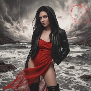 A captivating, fantasy portrait of a confident woman standing tall in the rain, exuding an enigmatic aura. She dons a black leather jacket, a red dress, and high black boots, with dark eyes and flowing loose black hair cascading down the left side of the canvas ink splash art piece featuring a strong female figure clad in a fiery red dress and a black hooded leather jacket. The contours of her face and body are boldly defined by expressive, sharply etched strokes, creating a striking contrast to her vibrant attire. The background is a whirlwind of turbulent energy, with a stormy sky and sea displaying stark lines and vivid hues. Waves crash dramatically against the shore, and the woman stands unwavering, embodying resilience, determination, and inner strength amidst the chaotic environment, ukiyo-e, dark fantasy, cinematic, poster, painting, photo, architecture, product, wildlife photography, typography, 3d render, illustration, vibrant, anime, conceptual art, graffiti, fashion, portrait photography.,cute,bbw,blue eyes,pretty,1girl,high quality,4k,high resolution 