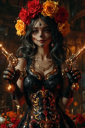 La Catrina stands majestically in a dark, atmospheric setting, her elegant traditional Mexican gown shimmering with intricate lace patterns and floral designs. Her face is a masterpiece of sugar skull artistry, adorned with ornate details. In each hand, she confidently holds vintage gold Colt Navy pistols, their delicate engravings glistening in the soft light. Vibrant marigolds and candles surround her, evoking the mystique of Día de los Muertos celebrations. Her beauty is captivating, exuding a sense of power and sophistication.,digital_painting,REALNIME