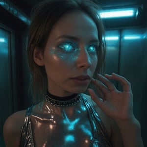 A close-up shot of a woman's radiant face, her skin glowing with an ethereal shine. She wears a metallic top and choker that reflects the soft, blue-green light surrounding her. Her eyes sparkle with an otherworldly intensity, as if infused with magic. The framing is tight, focusing on her enigmatic expression, while the composition guides the viewer's gaze to the subtle, shimmering details on her skin. The lighting is dim, with a bright, cyberpunk glow emanating from her skin, casting an eerie ambiance. Inspired by Ross Tran and Brandon Woelfel, this digital artwork exudes dreamy, futuristic vibes reminiscent of Artem Demura's Beeple.