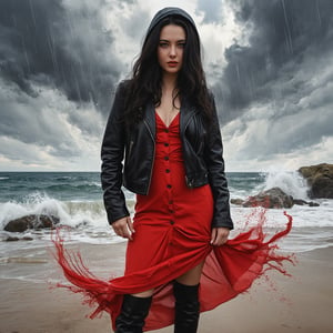 A captivating, fantasy portrait of a confident woman standing tall in the rain, exuding an enigmatic aura. She dons a black leather jacket, a red dress, and high black boots, with dark eyes and flowing loose black hair cascading down the left side of the canvas ink splash art piece featuring a strong female figure clad in a fiery red dress and a black hooded leather jacket. The contours of her face and body are boldly defined by expressive, sharply etched strokes, creating a striking contrast to her vibrant attire. The background is a whirlwind of turbulent energy, with a stormy sky and sea displaying stark lines and vivid hues. Waves crash dramatically against the shore, and the woman stands unwavering, embodying resilience, determination, and inner strength amidst the chaotic environment, ukiyo-e, dark fantasy, cinematic, poster, painting, photo, architecture, product, wildlife photography, typography, 3d render, illustration, vibrant, anime, conceptual art, graffiti, fashion, portrait photography.,cute,bbw,blue eyes,pretty,1girl,high quality,4k,high resolution 