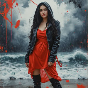 A captivating, fantasy portrait of a confident woman standing tall in the rain, exuding an enigmatic aura. She dons a black leather jacket, a red dress, and high black boots, with dark eyes and flowing loose black hair cascading down the left side of the canvas ink splash art piece featuring a strong female figure clad in a fiery red dress and a black hooded leather jacket. The contours of her face and body are boldly defined by expressive, sharply etched strokes, creating a striking contrast to her vibrant attire. The background is a whirlwind of turbulent energy, with a stormy sky and sea displaying stark lines and vivid hues. Waves crash dramatically against the shore, and the woman stands unwavering, embodying resilience, determination, and inner strength amidst the chaotic environment, ukiyo-e, dark fantasy, cinematic, poster, painting, photo, architecture, product, wildlife photography, typography, 3d render, illustration, vibrant, anime, conceptual art, graffiti, fashion, portrait photography.,cute,bbw,blue eyes,pretty,1girl,high quality,4k,high resolution 