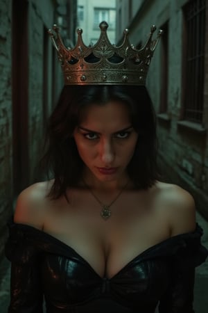 A dark, mysterious alleyway serves as the backdrop for this striking poster. A princess, once regal and majestic, now hangs her head in frustration, weighed down by the heavy crown that rests upon her brow. Her eyes blaze with anger as she gazes downward, a hint of latex-clad limbs visible beneath the shadows. The dim lighting accentuates her scowl, creating an air of rebellion and disdain.,sexy