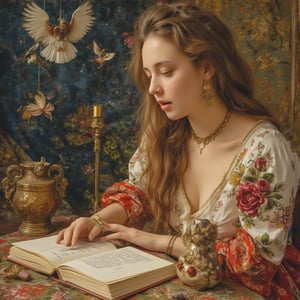 (masterpiece, top quality, best quality, official art, beautiful and aesthetic:1.2), (1girl:1.4), extreme detailed, A female astrologer transcribing information, (medieval manuscript style) mixed with Gustave Moreau's painting style,better photography