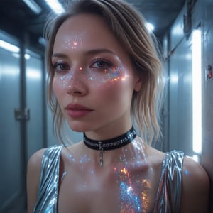 A close-up shot of a woman's radiant face, her skin glowing with an ethereal shine. She wears a metallic top and choker that reflects the soft, blue-green light surrounding her. Her eyes sparkle with an otherworldly intensity, as if infused with magic. The framing is tight, focusing on her enigmatic expression, while the composition guides the viewer's gaze to the subtle, shimmering details on her skin. The lighting is dim, with a bright, cyberpunk glow emanating from her skin, casting an eerie ambiance. Inspired by Ross Tran and Brandon Woelfel, this digital artwork exudes dreamy, futuristic vibes reminiscent of Artem Demura's Beeple.