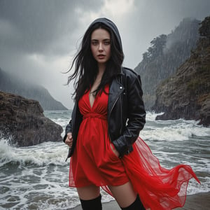 A captivating, fantasy portrait of a confident woman standing tall in the rain, exuding an enigmatic aura. She dons a black leather jacket, a red dress, and high black boots, with dark eyes and flowing loose black hair cascading down the left side of the canvas ink splash art piece featuring a strong female figure clad in a fiery red dress and a black hooded leather jacket. The contours of her face and body are boldly defined by expressive, sharply etched strokes, creating a striking contrast to her vibrant attire. The background is a whirlwind of turbulent energy, with a stormy sky and sea displaying stark lines and vivid hues. Waves crash dramatically against the shore, and the woman stands unwavering, embodying resilience, determination, and inner strength amidst the chaotic environment, ukiyo-e, dark fantasy, cinematic, poster, painting, photo, architecture, product, wildlife photography, typography, 3d render, illustration, vibrant, anime, conceptual art, graffiti, fashion, portrait photography.,cute,bbw,blue eyes,pretty,1girl,high quality,4k,high resolution 