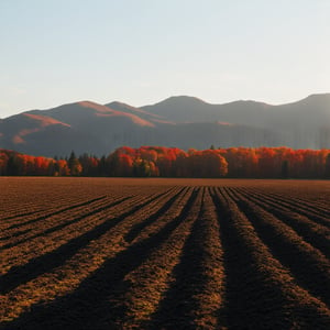 {
  "prompt": "A wide, freshly plowed field stretches out in the foreground, with rich, dark soil visible in neat furrows. In the distance, vibrant autumn-colored mountains create a beautiful backdrop, their trees glowing with shades of red, orange, and yellow. The sky is clear, with soft sunlight gently illuminating the scene. The plowed field is expansive, with no crops yet planted, giving a sense of fresh beginnings. There is a sense of tranquility and natural beauty, as the autumn landscape contrasts with the dark, fertile soil of the plowed land.",
  "style": "realistic and serene",
  "resolution": "high-resolution",
  "lighting": "soft sunlight",
  "color_palette": "warm autumn colors for the mountains, dark earthy tones for the soil",
  "aspect_ratio": "16:9"
}
