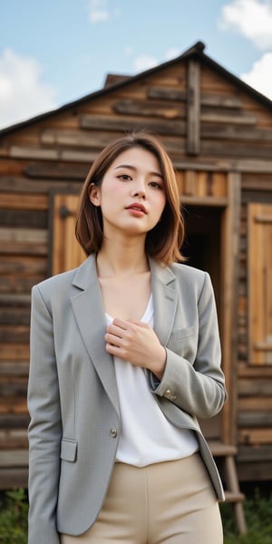 a beautiful female model, a beautiful young woman stands in front of a rustic wooden shack, a light gray blazer, and a pair of beige pants. Her hair is styled in a sleek bob, and her lips are pursed. The sky is a light blue, with a few white clouds scattered across it, adding a touch of warmth to the scene.
